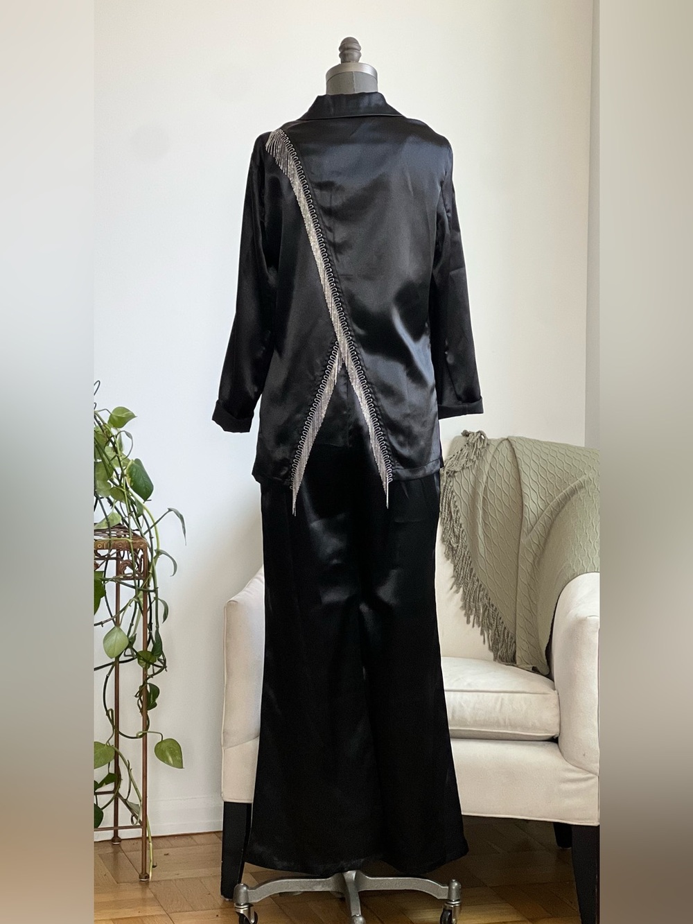 Metal Fringe Black Satin Wide-Leg Suit EUC